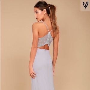 BRAND NEW Lulu’s Grey Backless Lace Maxi Dress